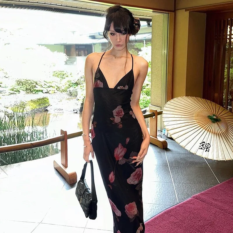 

Floral Printed Black Women's Prom Dress Summer Strap Sleeveless Long Skirt Sexy Sleeveless Hot Girl Casual Party Gown