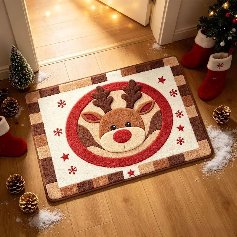 VIKAMA Reindeer Head Doormat, 3D Red Nose Deer Christmas Door Mat, Plaid Border Welcome Mat, 2027 Merry Christmas Decor