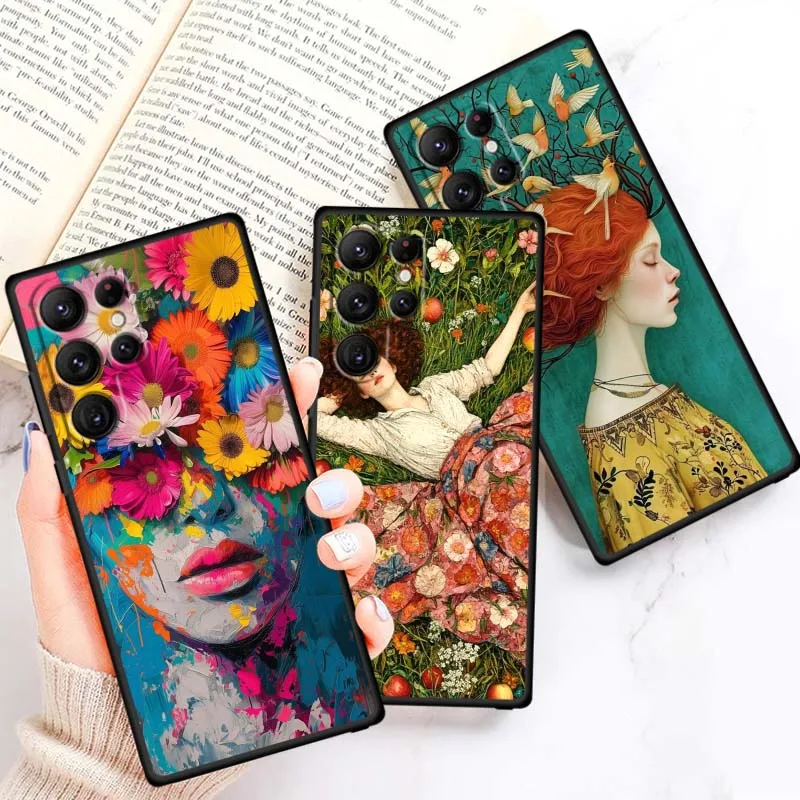 

Anime Women Illustration Phone Case For Samsung Galaxy S25 S24 S23 S22 S21 S20 S10 Ultra Plus FE 5G Black Soft TPU Cover
