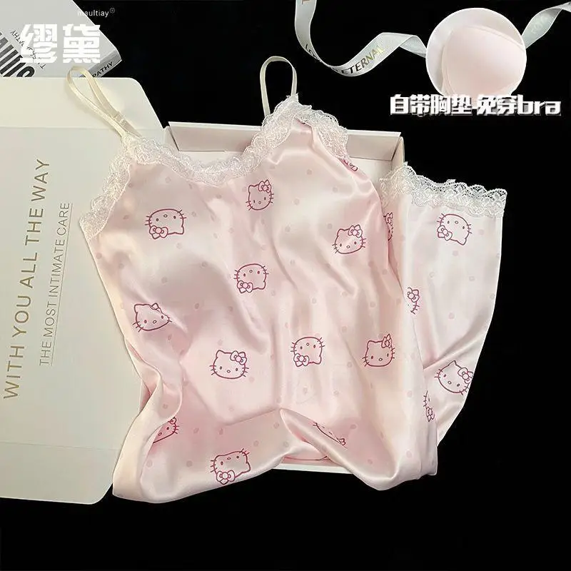 

Sanrio Fashion Pajamas Hello Kitty Ice Silk Night Skirt with Chest Pad Women's Summer Pajamas Sling Sexy Home Clothing Summer