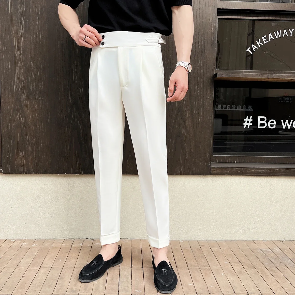 Men\'s Naples High-waisted Trousers, Casual Trousers Slim Small Foot Cropped Trousers.2024 Solid Color Formal Trousers.29-38