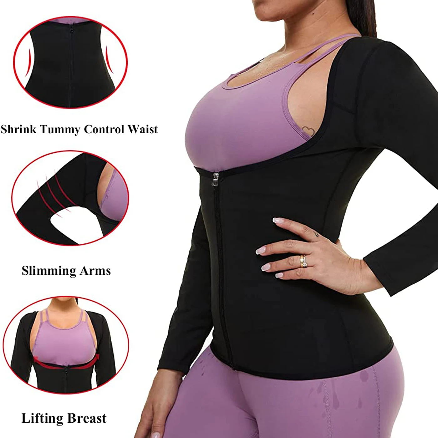 LISA SWEAT Sauna Suit for Women Sweat Body Shaper Hot Waist Trainer Long Sleeve Zipper Shirt Workout Top Silver