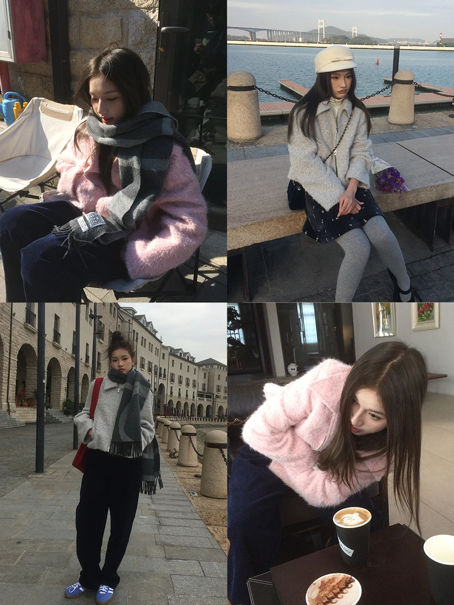 

Early Spring Woolen ort Coat 2 Colors Turn-down Collar Girl's Sweet Sle Jaet EOSLA MODE Brand Sweet Sle Regular Length