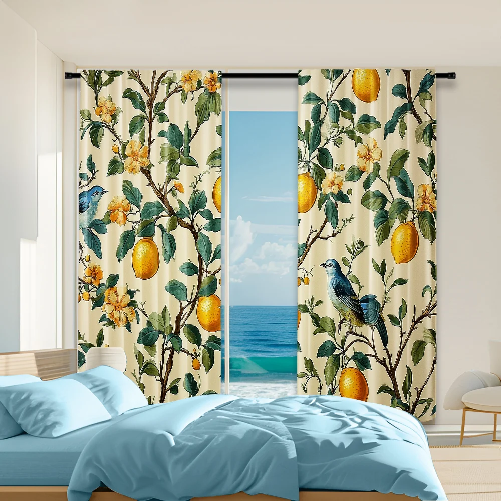 2 pcs, versatile polyester transparent curtains for home decoration Fresh Lemon Tree for use in bedrooms and living rooms