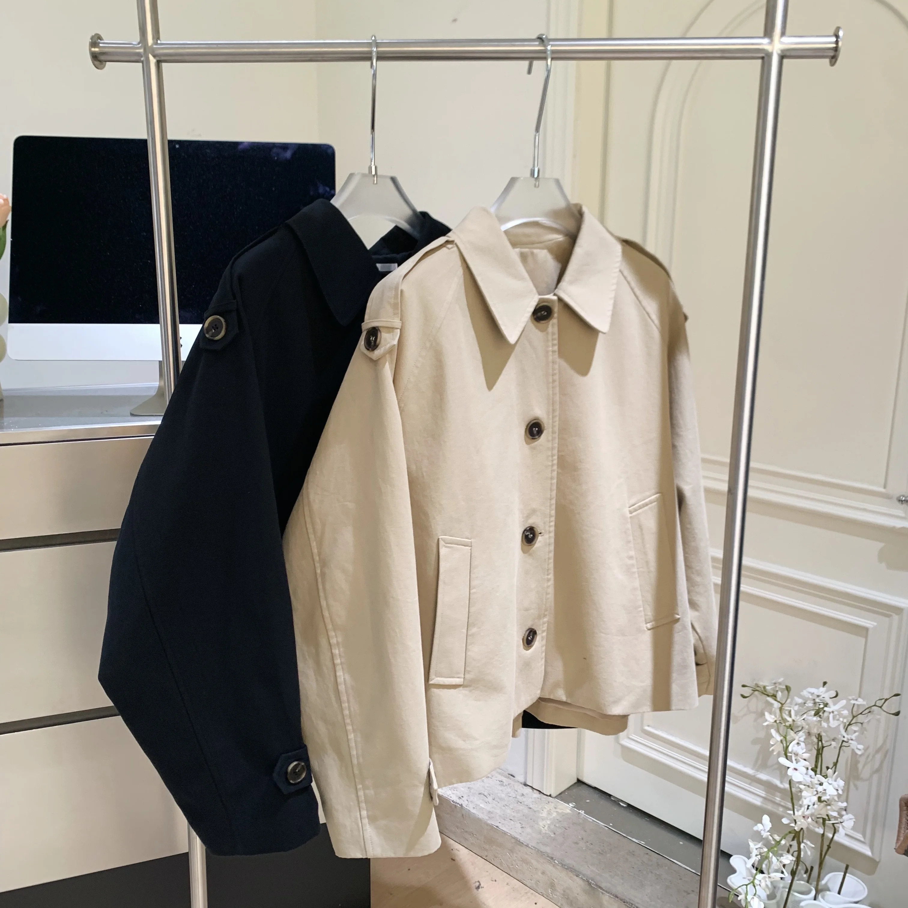 

Women's Spring Autumn Long Sleeve Turn Down Collar Single Breasted Loose Trench Jacket Lady Korean Style Trench Outwear