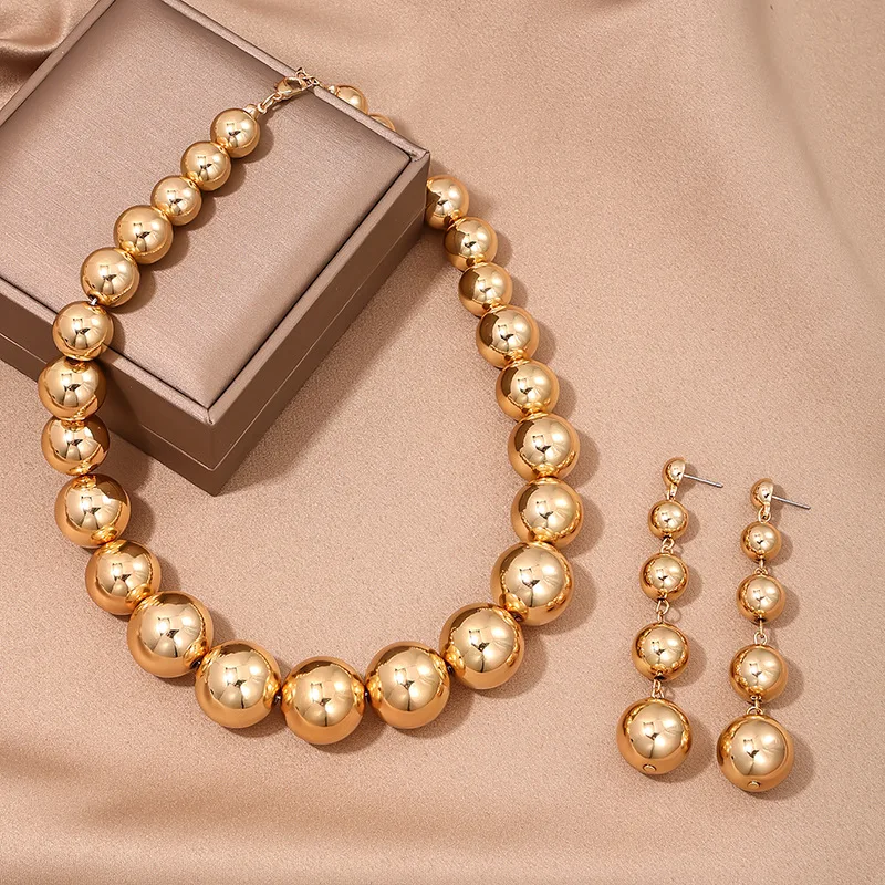 Gold-plated Ball Beads Chain Necklace for Women Party New Fashion Gothic Tassel Earring Dangle Jewelry Set