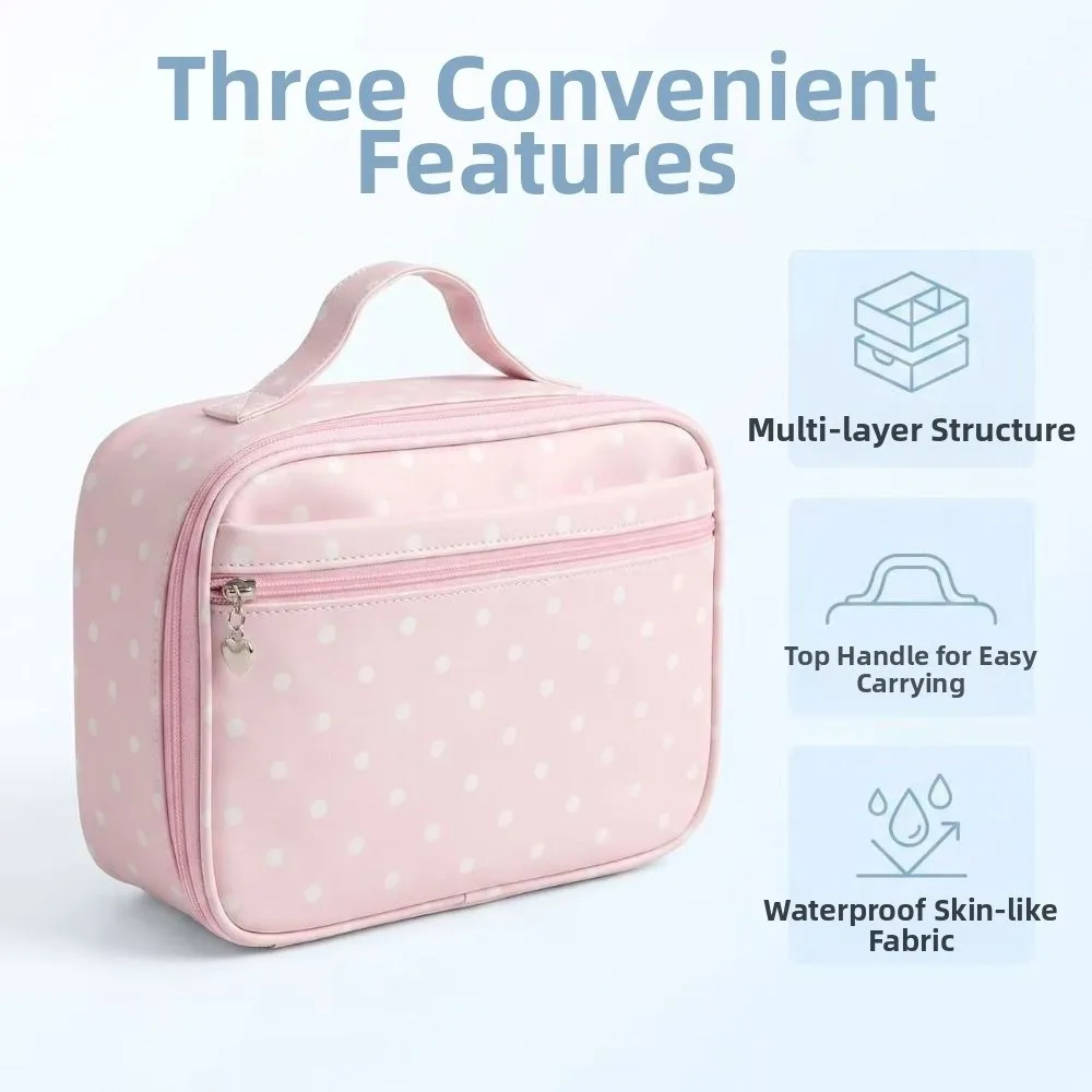 Large Capacity Handheld Makeup Bag Polka Dot PU Leather Portable Toiletry Pouch with Mirror Sturdy Handle Travel Wash Pack