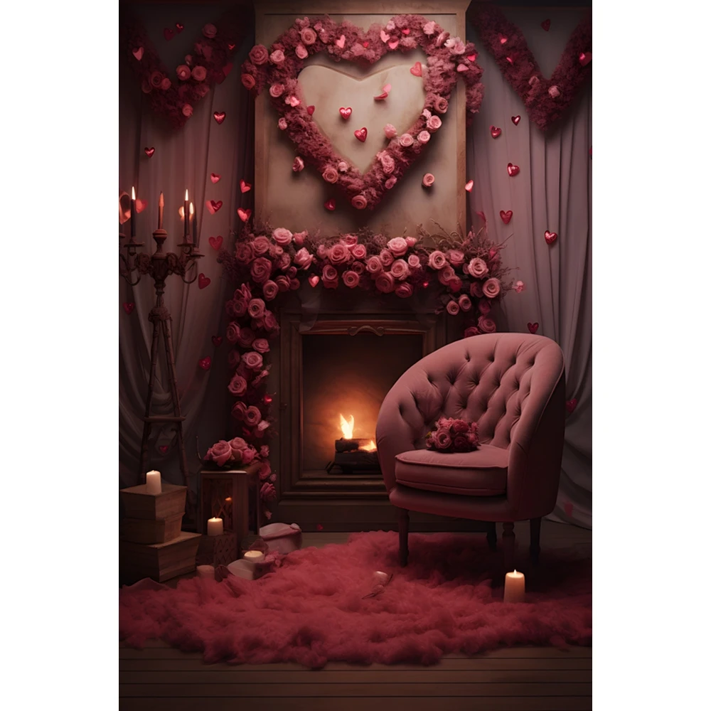 핑크 발렌타인 데이 커튼 사진 배경 사랑 풍선 장미 촛불 실내 장식 커플 초상화 배경 스튜디오