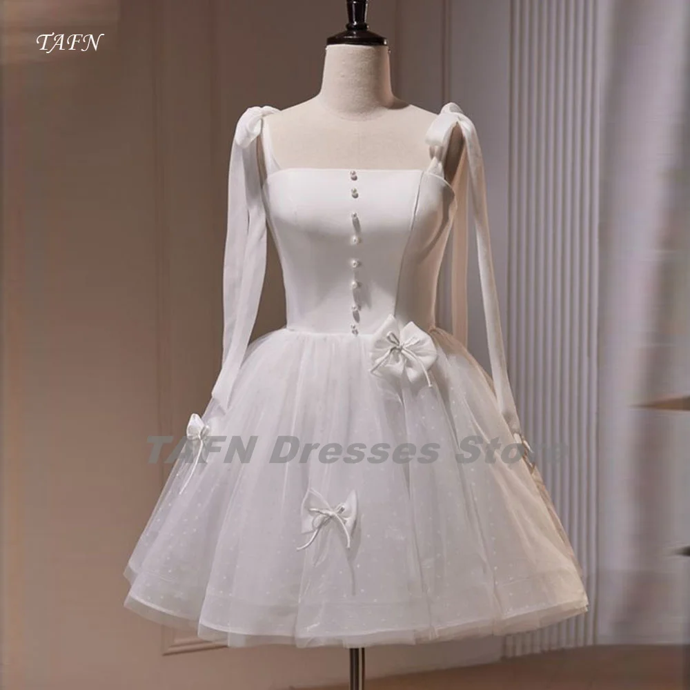 

TAFN A-line Short Wedding Party Dresses Shoulder Straps Pearls Bow Bridal Gown Photo Shooting Draped Tulle Party Dress Custom