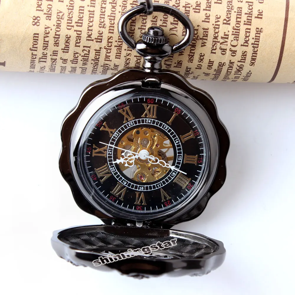 Black Full Steel Luminous Mechanical Pocket Watch Steampunk Vintage Hollow Analog Skeleton Hand Winding Mechanical Pocket Watch