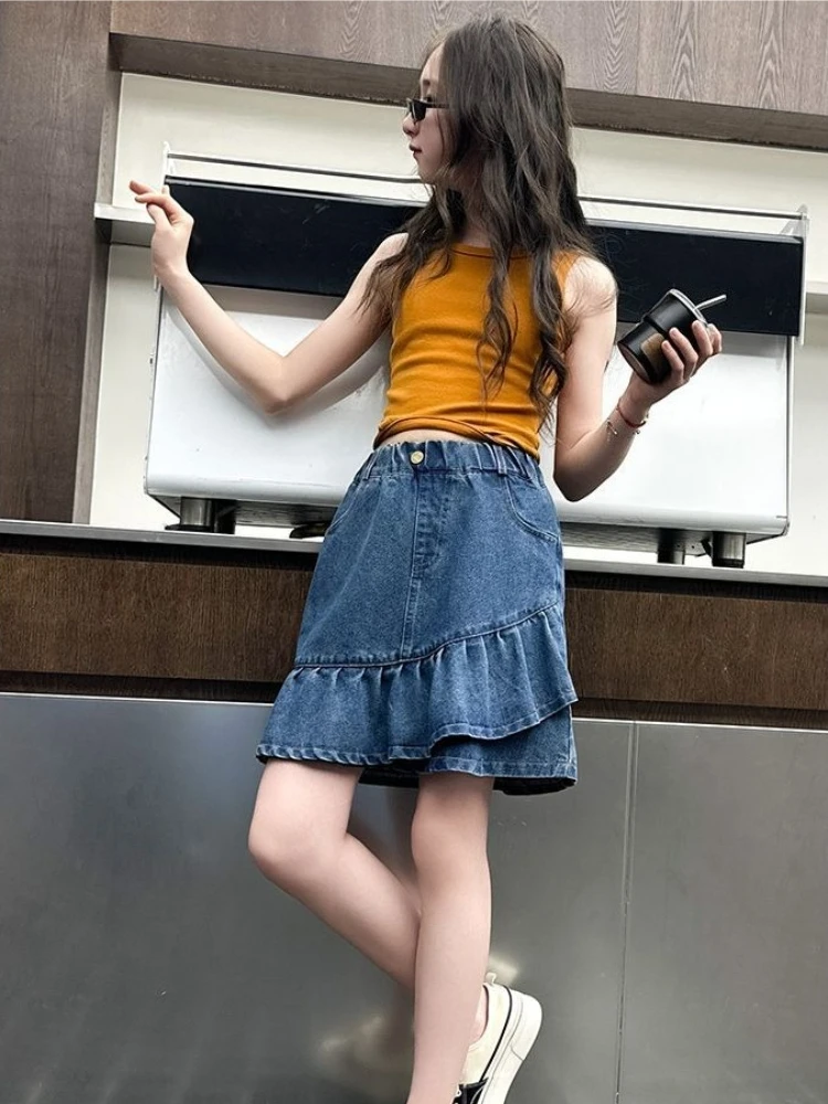 

Джинсовая юбка для девочек, летняя, с оборками, А-силуэт, для подростков, новая модная коллекция 2026, повседневная детская одежда