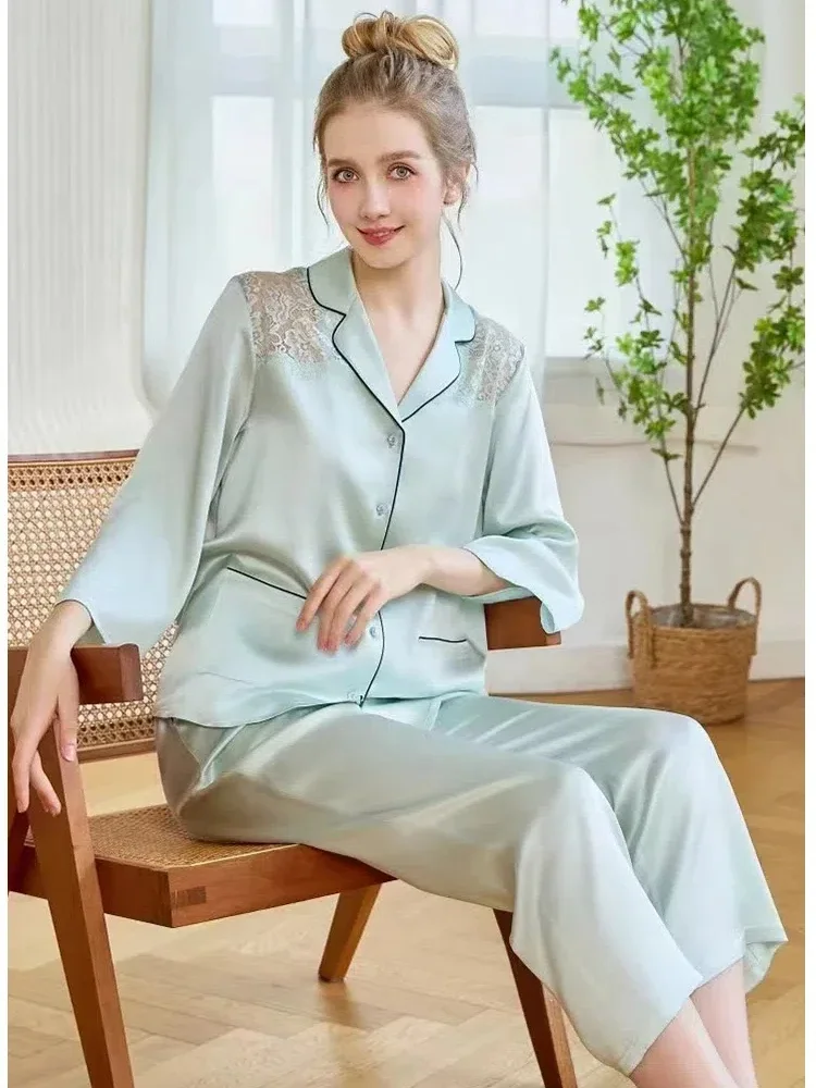 

100% тутовый шелк, комплект из 2 предметов, пижамы из натурального шелка, кружевной женский кардиган с лацканами, комплекты для отдыха, пижамы с длинными рукавами, повседневный комплект