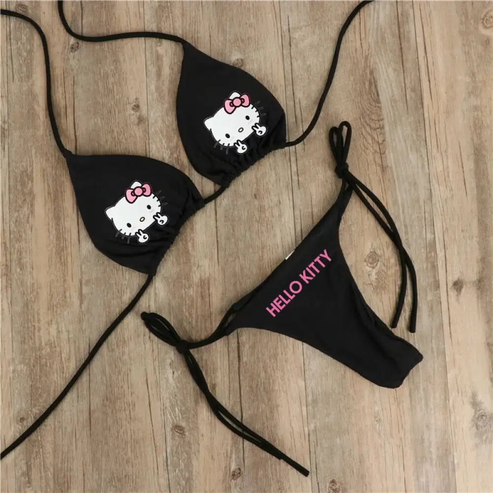 2Pcs Y2K Hello Kitty Swimsuit Set dla kobiet Sanrios Anime Kawaii Kuromi Bikini Sexy Hot Girl Sexy Underwear Bra Thong Girl Beach