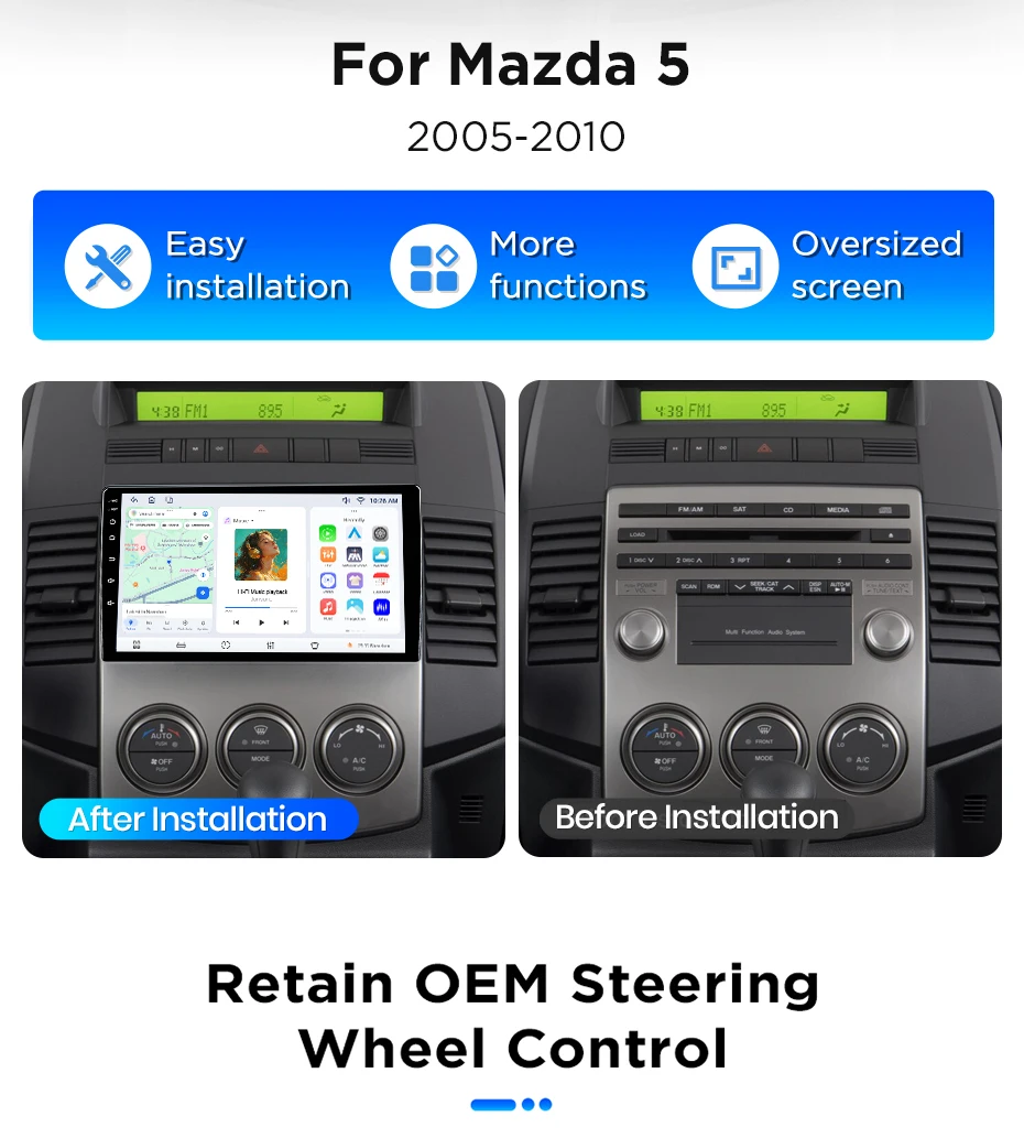 Junsun Android 15 Auto-Intelligenzsystem für Mazda 5 CR 2005-2010 AI Wireless CarPlay für Apple Auto 9" IPS Touchscreen – Detail 3