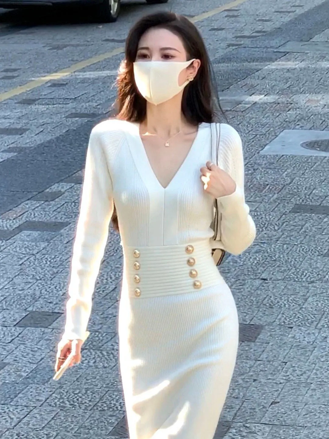 Ele v-ne malha dr feminino outono inverno novo sle pequena fraança vento cintura dentro camada base envoltório em torno da saia