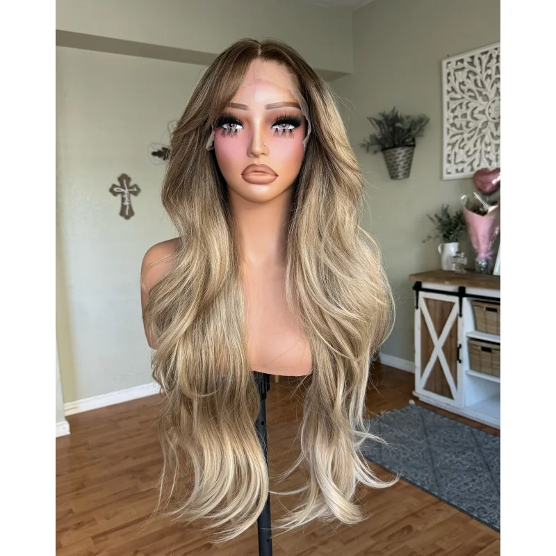 

Synthetic Lace Front Dark Roots Ash Blonde Womens wig Short Curtain Bangs Wig For Women Daily Use Long Natural Wavy wig
