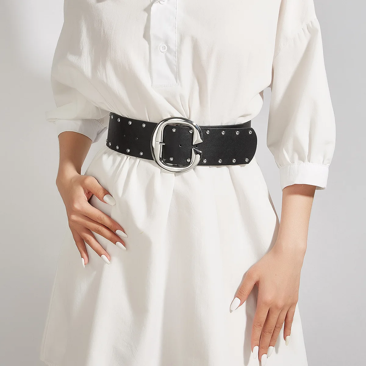 

Women's Fashion Rivet Black PU Leather Punk Corset Female Cummerbund Coat Waistband Dress Decration Wide Belt J1362
