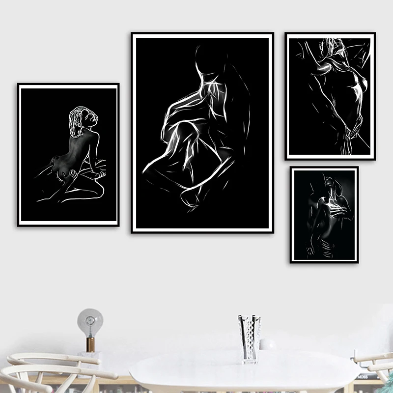 

Black and White Nude Canvas Painting Couple Sexy Body Women Man Poster and Print Wall Art Picture for Living Room Cuadros