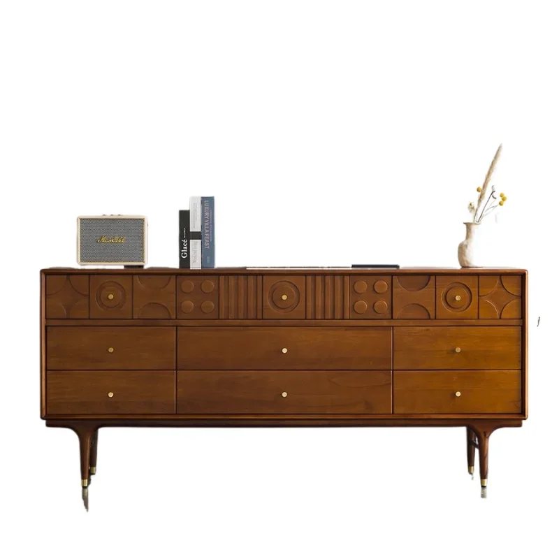 

Nordic medieval retro style solid wood furniture carved five drawers six chest TV cabinet