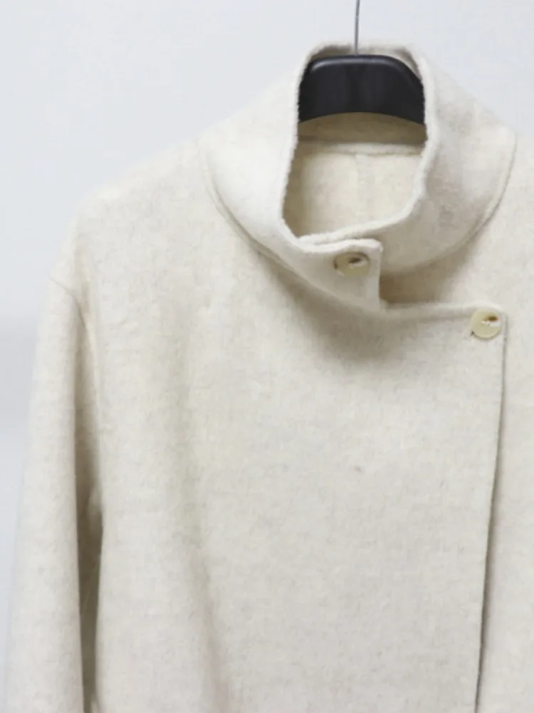 معطف قصير من مزيج الصوف للسيدات من ZMEENNA بياقة واقفة وأزرار لأعلى وحزام خصر أنيق ودافئ ملابس خارجية للشتاء ZM4640