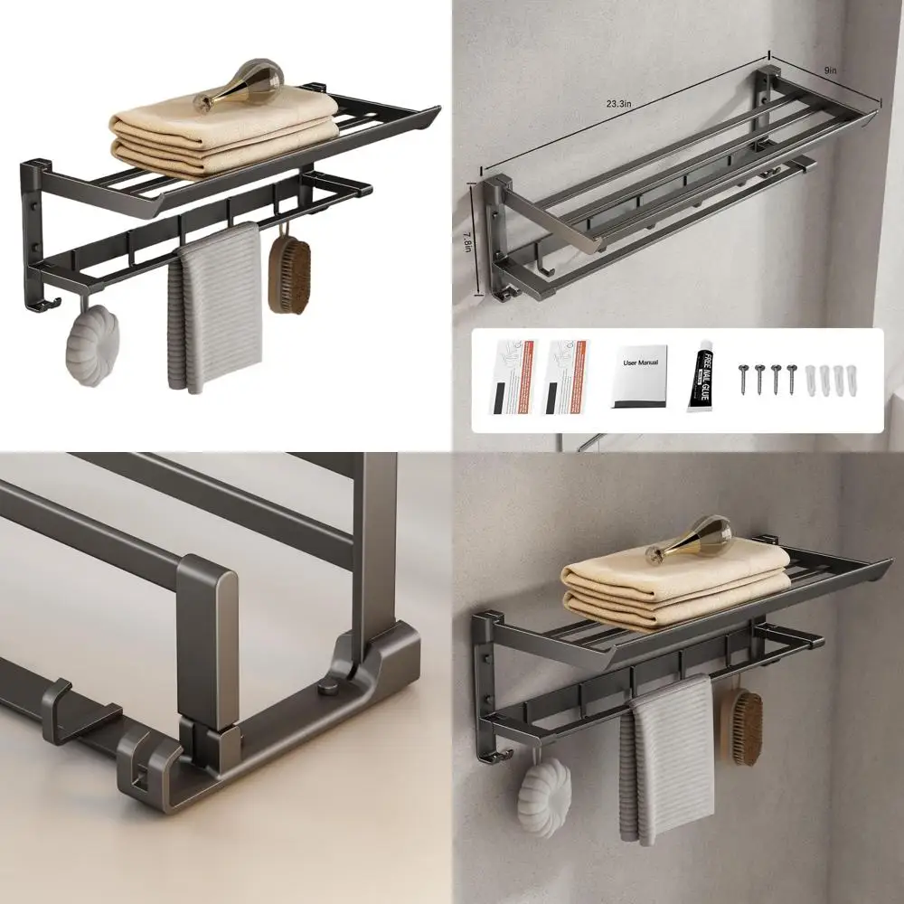

24. Складная вешалка для полотенец с перекладиной и крючками, устойчивое к ржавчине настенное хранилище для ванной комнаты серого цвета.