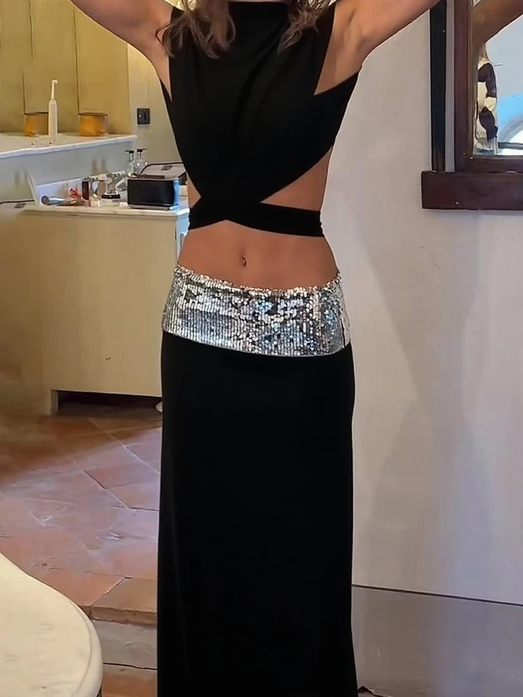 

Nibber Y2K Sexy 2 Piece Set Women Summer Backless Cross Bandage Tank Top+Widewaist Sequins Long Skirts Matching Elegant Suit
