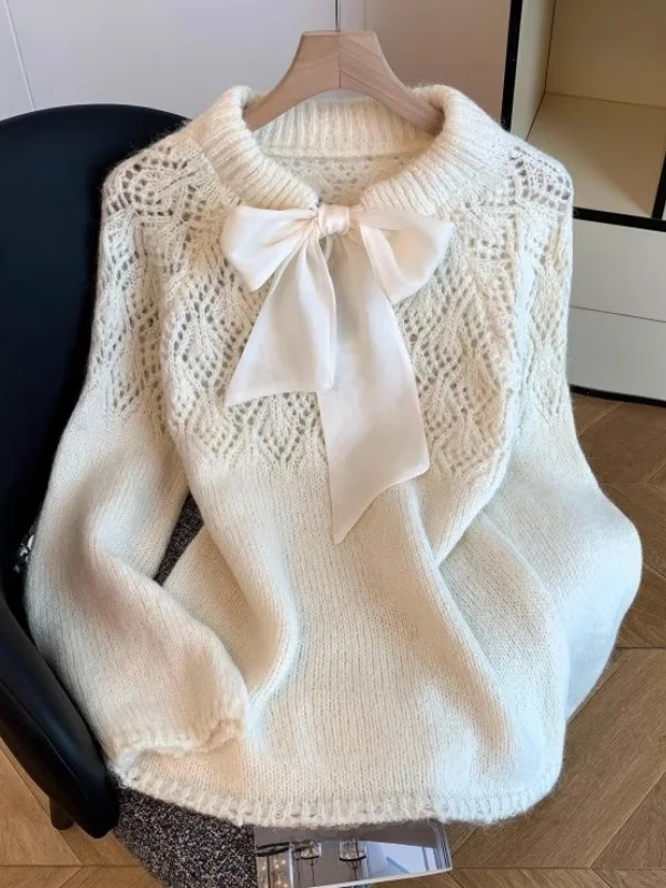 

Pure Desire Нежный вязаный длинный свитер свека с узлом, ажурный дизайн, осень-зима, женский свободный крой, круглый...