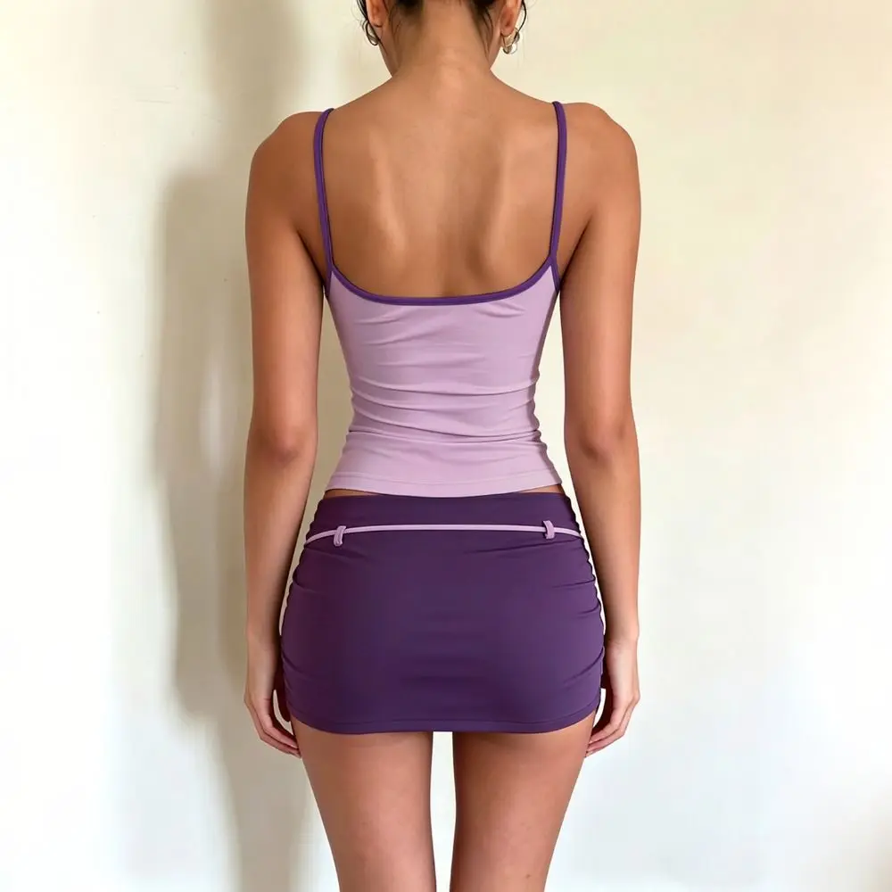 

Contrast Patchwork Camisole Top Mini Skirt 2 Piece Set Backless Contrast Trim Women Camisole Top Skirt Set Two Tone