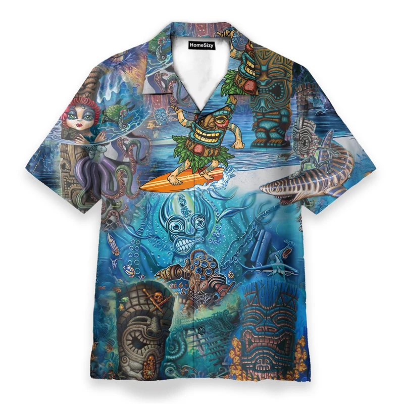 

Hawaii Tribe Tiki Mascot Print Men Short Sleeve Shirt New Fashion Beach Vacation Leisure Button Shirts Summer Hawaiian Shirt