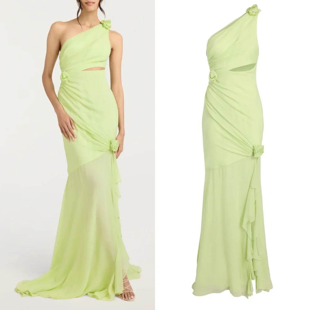 

Customized Sexy Fashion Chiffon Handmade Flower Pleat Mermaid One-shoulder Long Dresses Bespoke Occasion Dresses Exquisite Retro