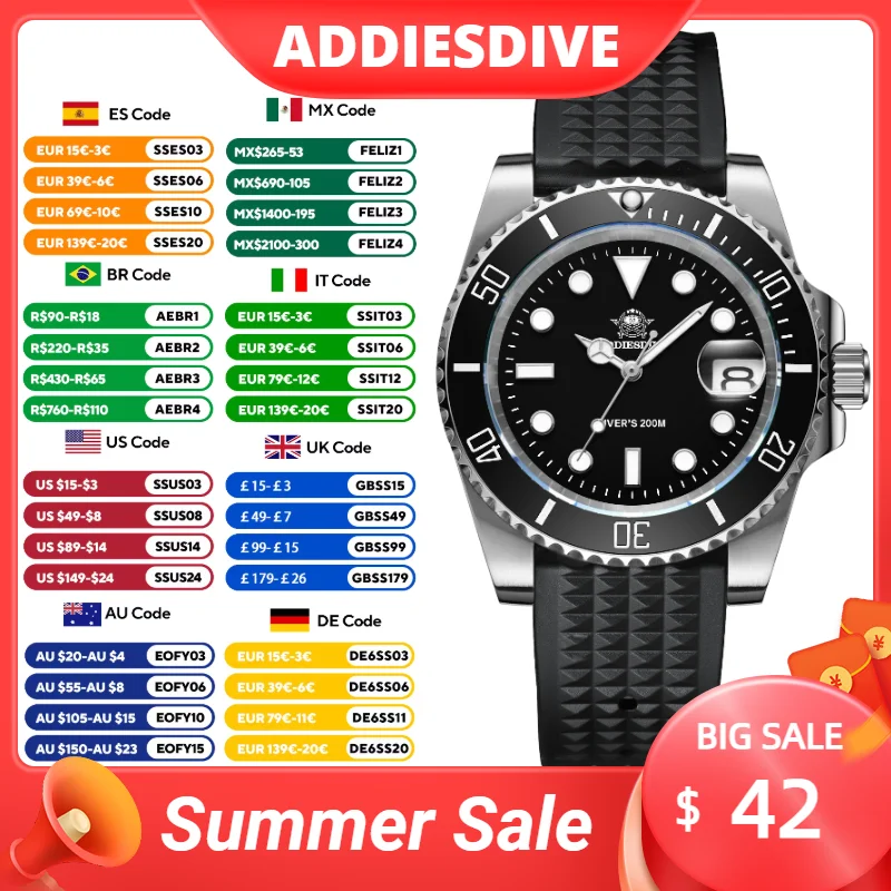 

ADDIESDIVE Business Men's Quartz Watch Stainless Steel 200M Diving Waterproof Watches Super Luminous Calendar Display Wristwatch