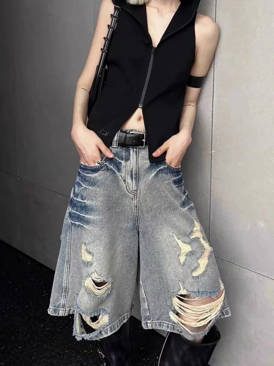 Hot Girl Retro Washing Ripped Denim Shorts for Women High Waist Loose Personality Wide-leg Five-point Medium Pants