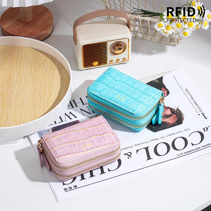 Woman Fashion Cowhide Engrave Initials Card Wallet Crocodile Leather Pattern Luxury Zip Coin Purse Custom Name Card Holder Bag