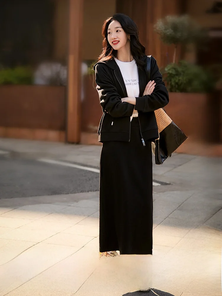 

XiaoHanGe Fashion Set Romantic Shiny Hooded Drawstring Pocket Zipper Casual Sweatshirt Half Skirt Breathable Midweight Wool B...