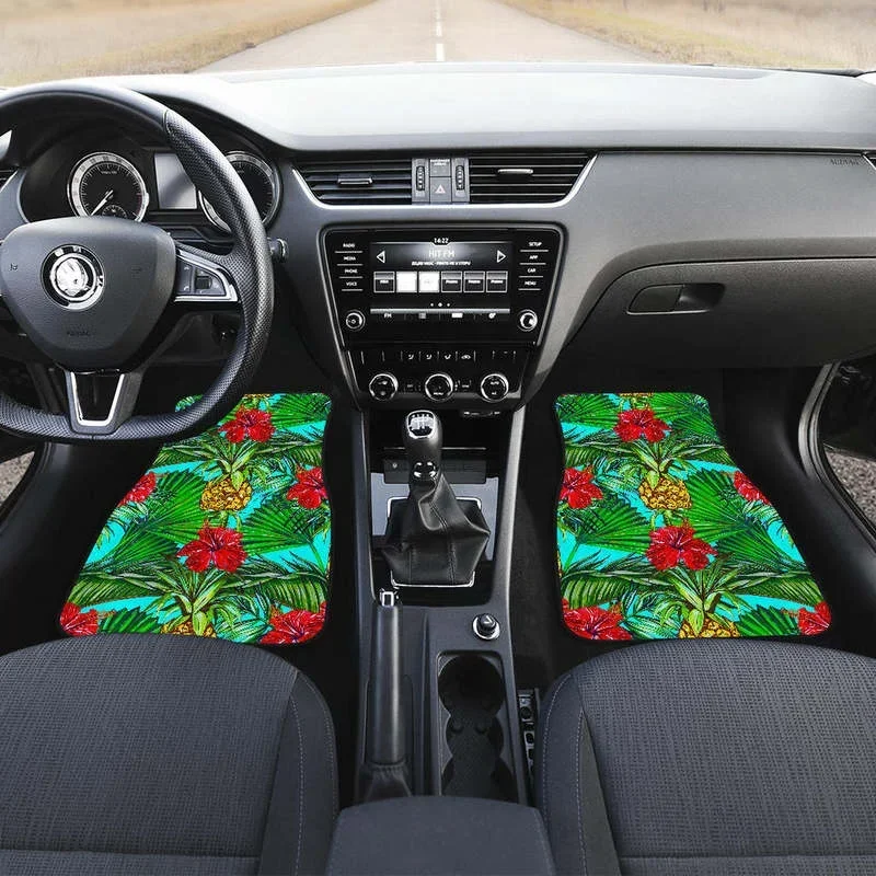 Pineapple Hibiscus Hawaii Pattern Print Front and Back Car Floor Mats Heavy Carpet Front and Rear Full Set 4PCs Pack