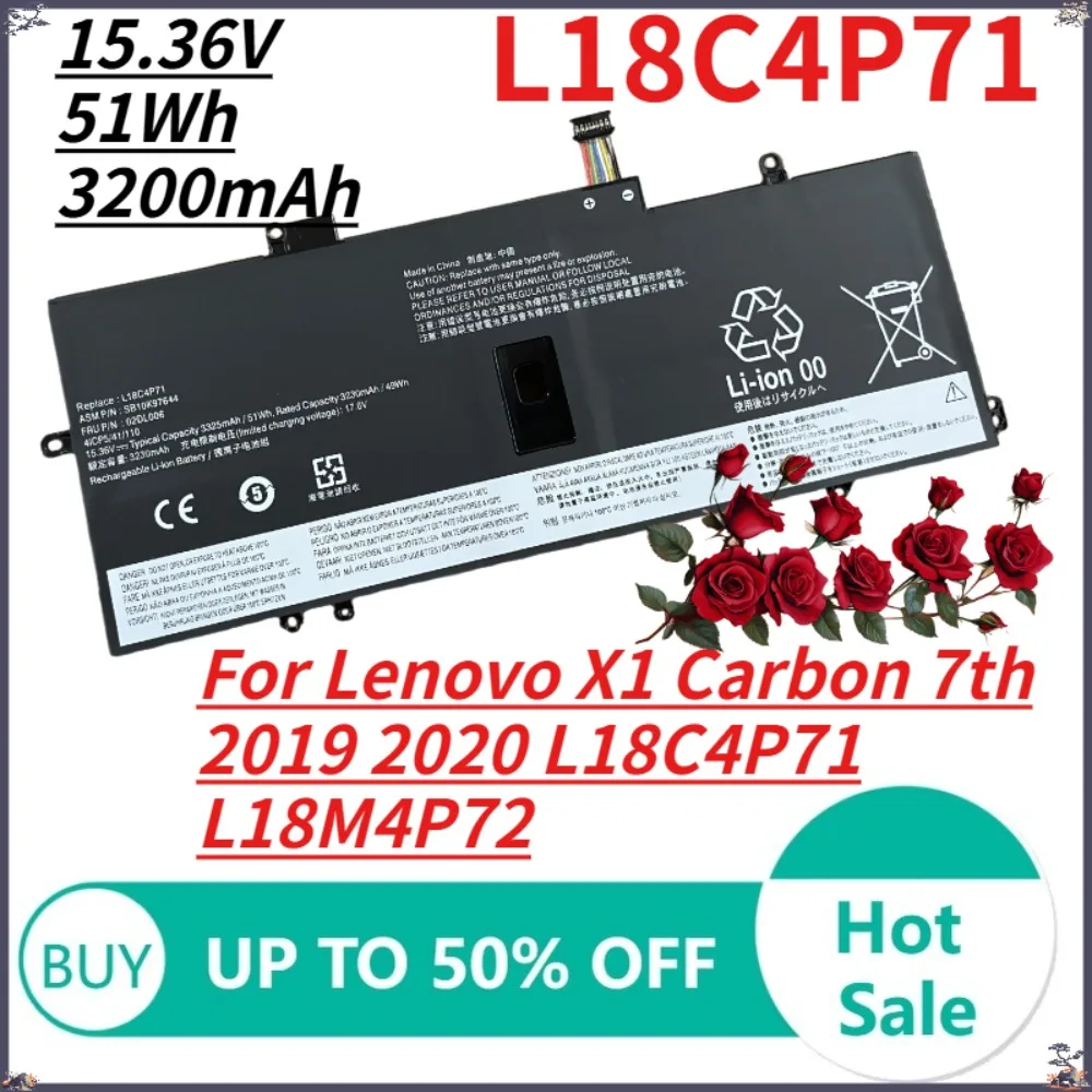 

Аккумулятор для ноутбуков Lenovo ThinkPad X1 Carbon 7-го поколения (2019), 8-го поколения (2020), Yoga 4-го и 5-го поколений, совместим с L18L4P71, L18M4P72, 51 Вт·ч, 3200 мА·ч.