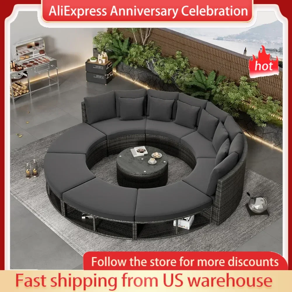 Patio Furniture Set, 9-Piece Outdoor Patio Conversation Set Luxury Circular Outdoor Sofa Wicker Sectional Sofa Lounge Set