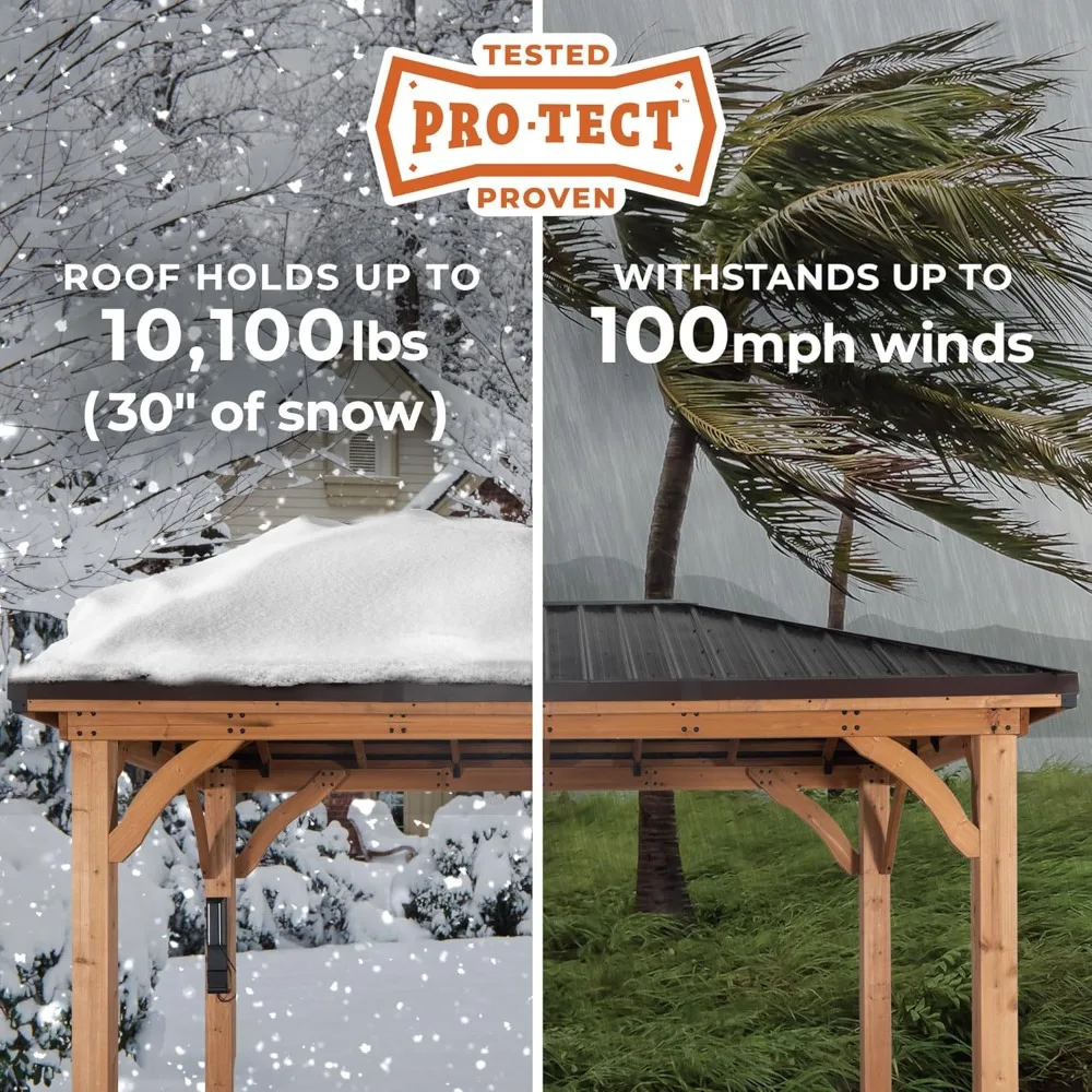 Wood Outdoor Gazebo Pavilion with Hardtop Galvanized Steel Hip Roof, Snow Support, Wind Resistance, Shade for Garden, Patio,Deck