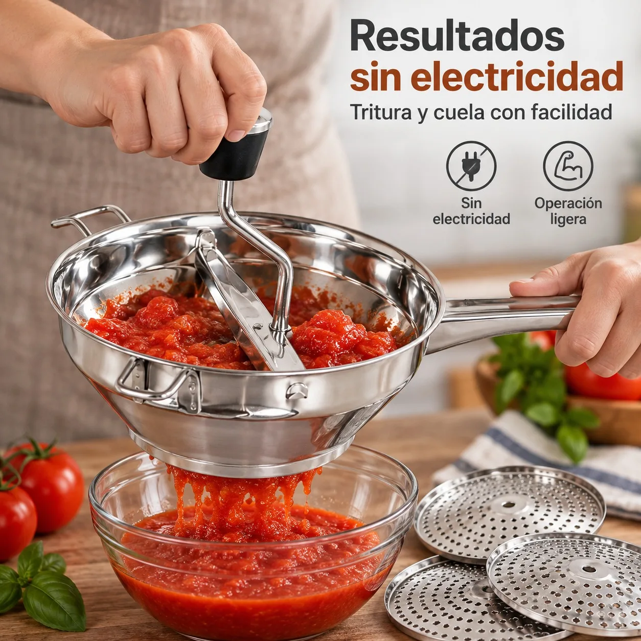 Passaverdure in acciaio inossidabile con 3 dischi intercambiabili, passaverdure manuale per preparare purè di patate, salse e marmellate, passaverdure ergonomico da 20 cm, ideale per cucine