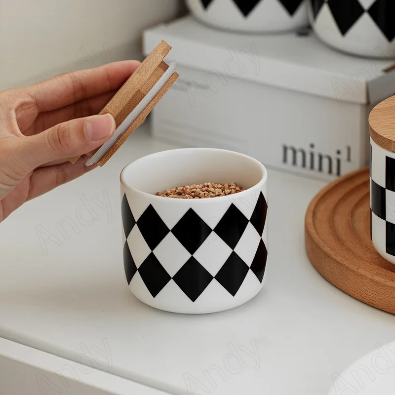 European Ceramic Storage Jar with Lid Hand Painted Geometric Patterned Decor Kitchen Cereal Dispenser Desktop Seal Candy Jars