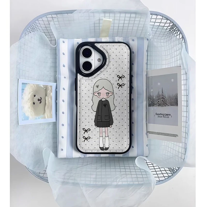 INS Sweet Little Girl Polka Dot Bow Leather Shockproof Protective Phone Case For iPhone 17 Air 16 E 15 14 13 12 11 Pro Max Cover