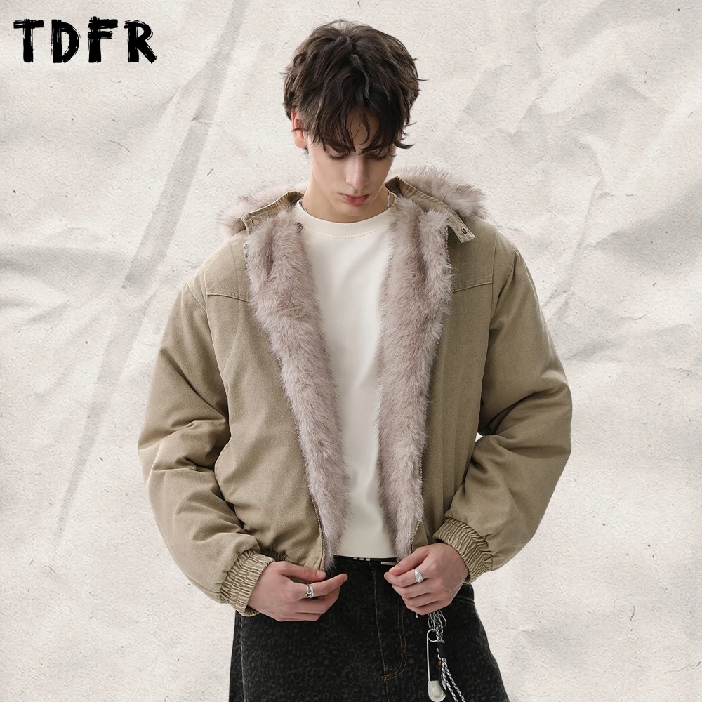 Faux Layered Quilted Jacket Mens Winter Safari Style Fur Collar Detachable Hood Thick Long Sleeve Outerwear Man