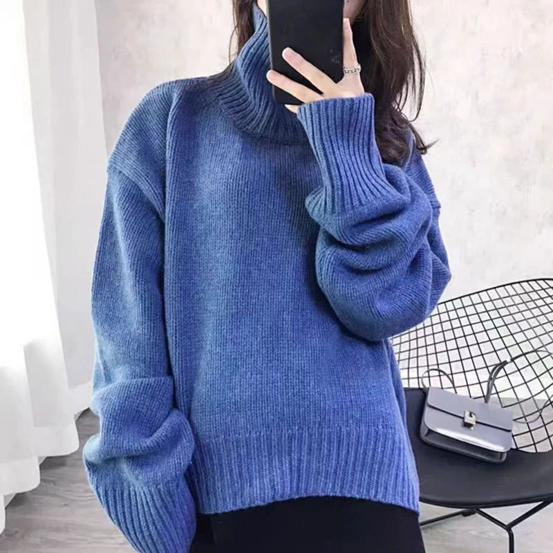 Heavy duty high neck 100% pure cashmere sweater for women, lazy, thick, loose fitting pullover, plus size base sweater