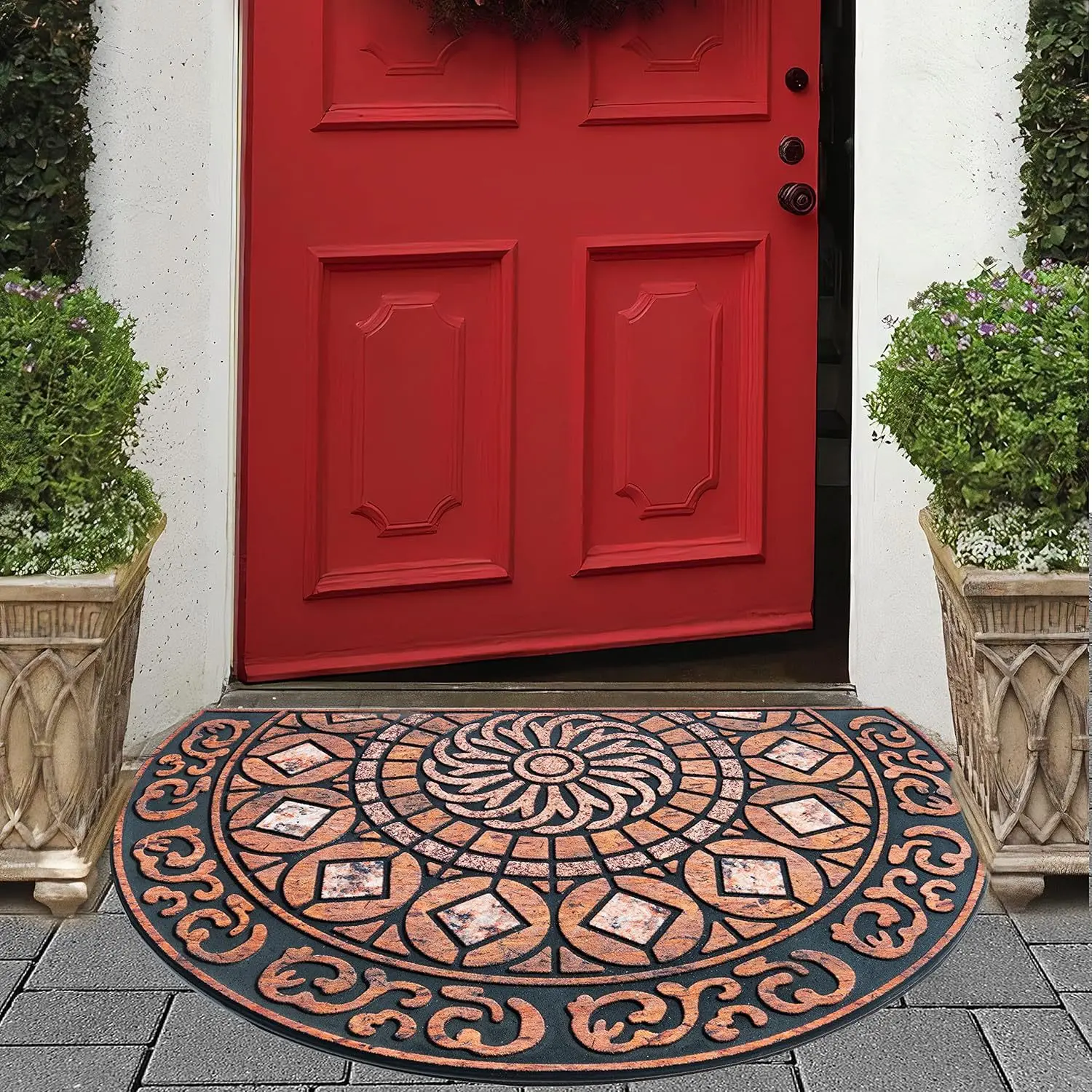 Boho Terracotta Half Round Rug, Non-slip & Durable, Antique Geometric Semicircle Mat for Patio Decor