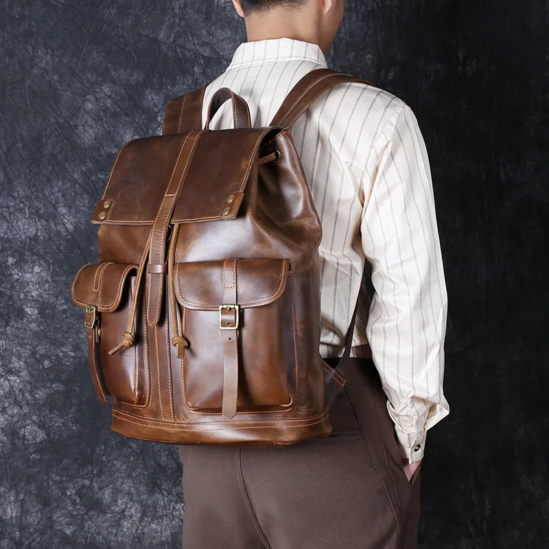 Mochila De piel de vaca de gran capacidad para ordenador, bolso de viaje con cordón de cuero Crazy Horse