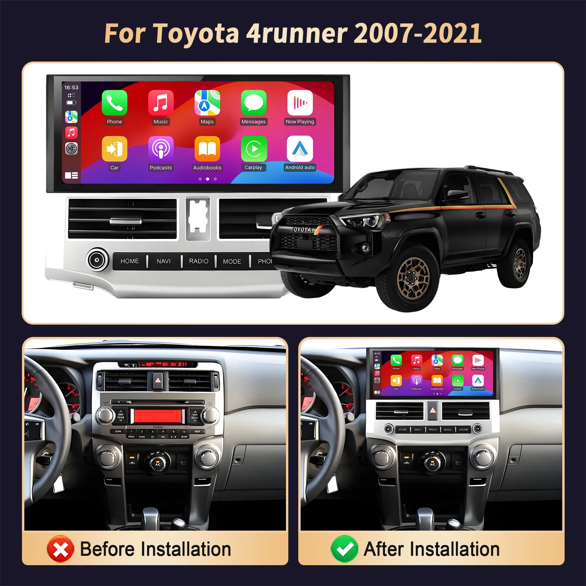 12.3 inch Car Radio Android 15 For Toyota 4runner 2007-2021 Wireless Bluetooth Carplay Multimedia Head Unit Touch Screen