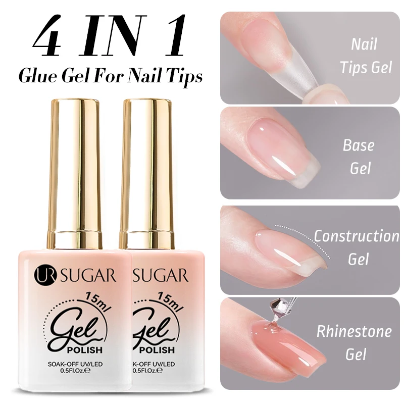 UR SUGAR 15ml 4 in 1 Glue Gel for Nail Tips Upgrade Rhinestone Gel Fiberglass Clear Quick Building UV Construction Gel Soak Off