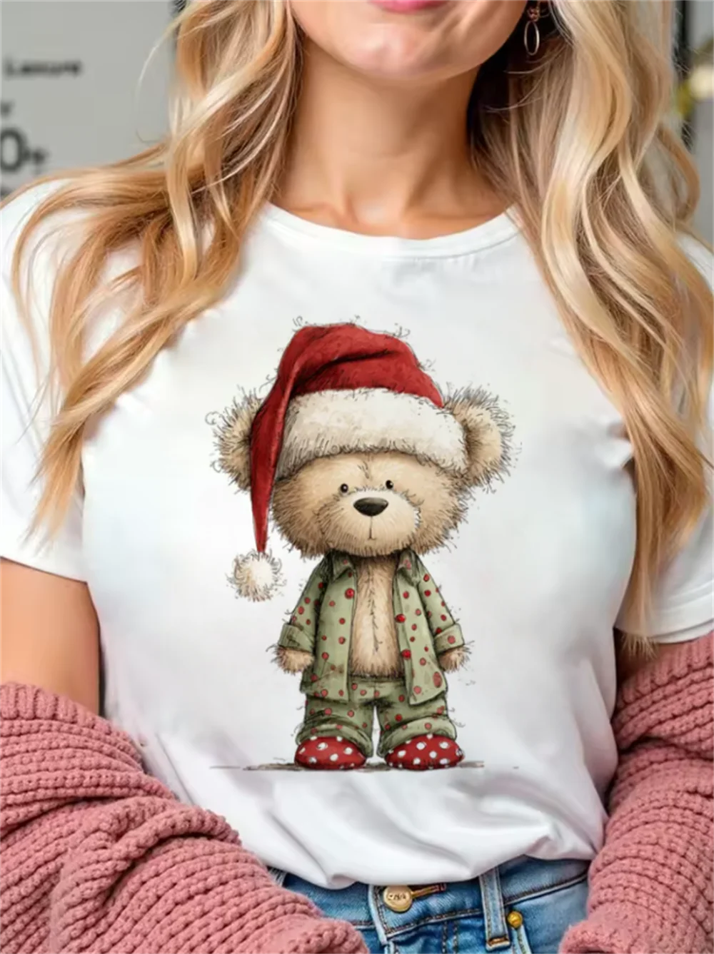 Christmas Bear Red Christmas Hat Pattern Casual Women's T-Shirt Cute Kawaii Printed Cartoon Clothing Casual Simple T-Shirt