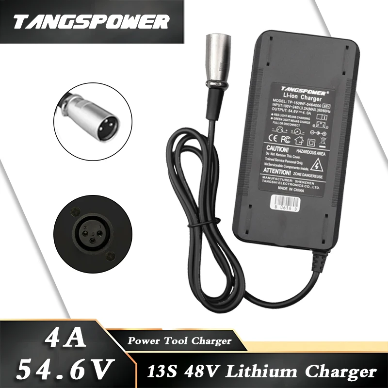 Cargador de batería de iones de litio, paquete de carga rápida, conectores XLR 3P, 54,6 V, 4A, 13S, 48V, 4A