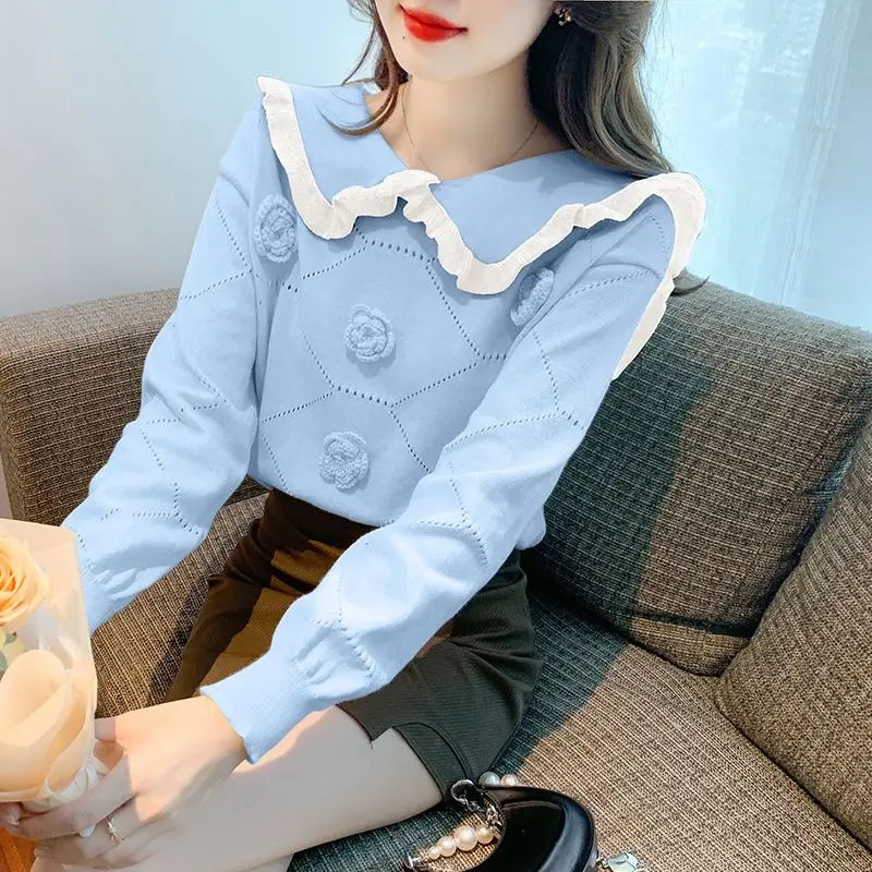 Female Fashion Korean Solid Color Floral Sweaters Autumn Winter All-match Fashion Peter Pan Collar Knitted Tops Women\'s Clothing